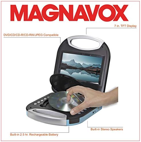 Magnavox Mtft750-Bl נייד 7 אינץ 'TFT DVD/CD נגן עם שלט רחוק ומתאם מכוניות בכחול | סוללה נטענת | שקע